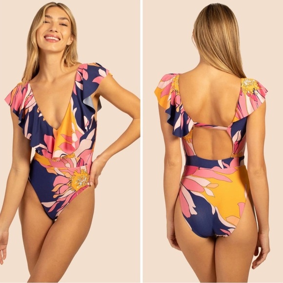 Trina Turk Breeze Ruffle Plunge Floral Tie Back One Piece Swimsuit Size 12 - Picture 1 of 8